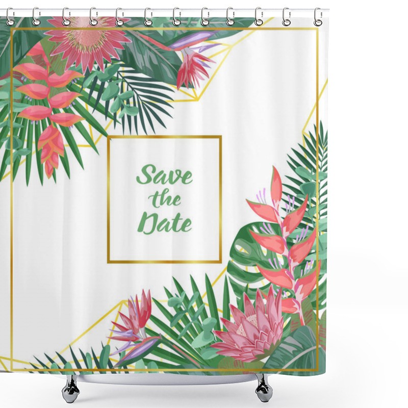 Personality  Save The Date Tropical Flower And Geometric Background Shower Curtains