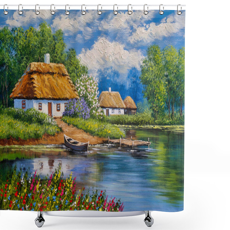 Personality  Rural Landscape, Oil Painting On Canvas - Ukraine House In The Forest, Boat And River, Old Village In The River Shower Curtains