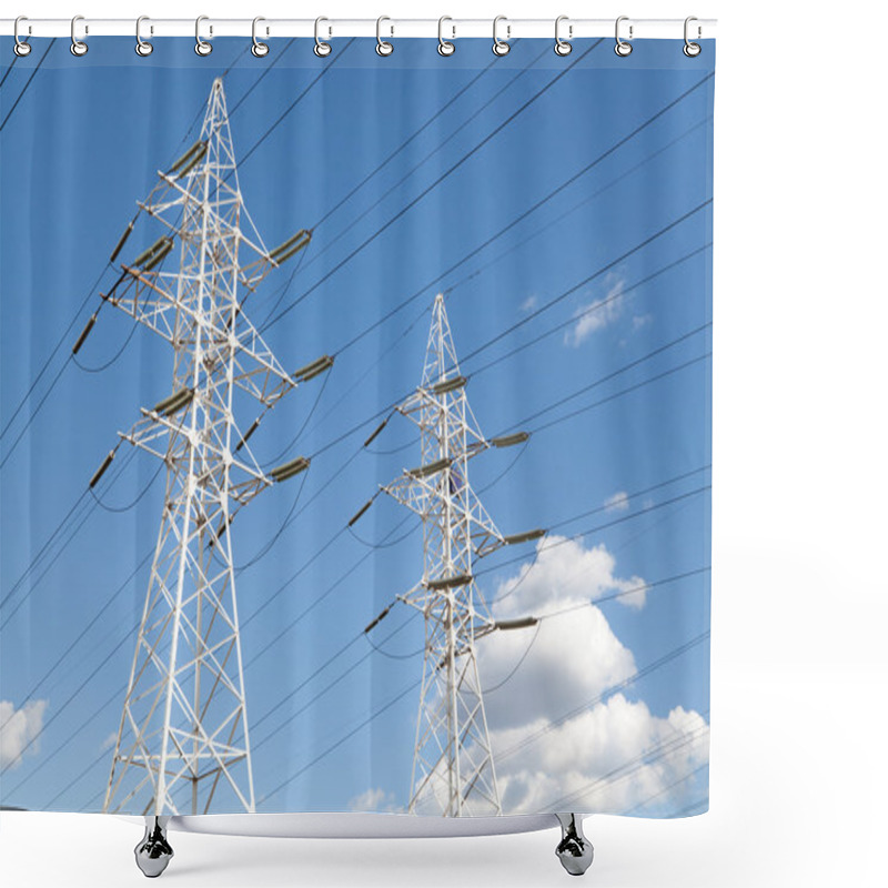 Personality  Power Transmission Lines Against Blue Sky Shower Curtains