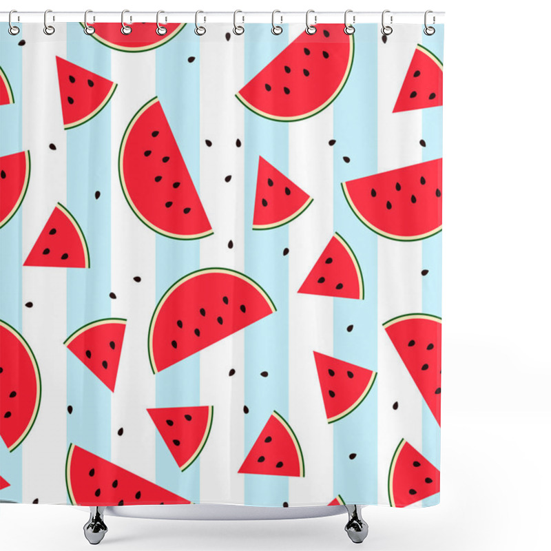 Personality  Seamless Watermelon Slice Pattern. Flat Sweet Fresh Fruit On White Blue Striped Background. Colorful Bright Summer Food. Red Cut Melon With Seeds. Vector Illustration For Prints, Wallpapers, Clothes Shower Curtains