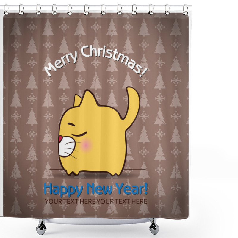 Personality  Christmas Greeting Card With Cartoon Cat Shower Curtains