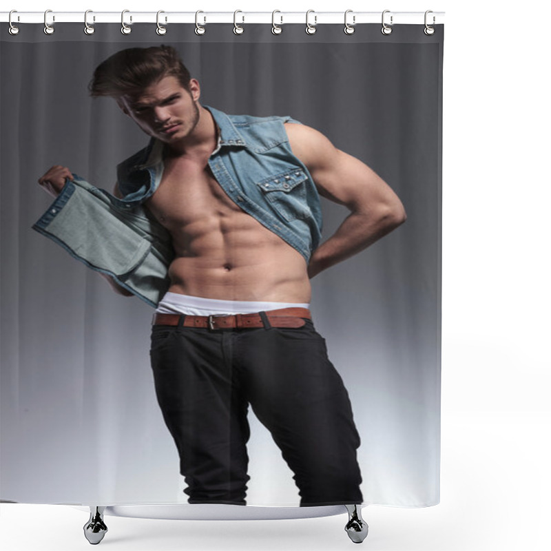 Personality  Young Man Pulls His Jeans Vest Shower Curtains