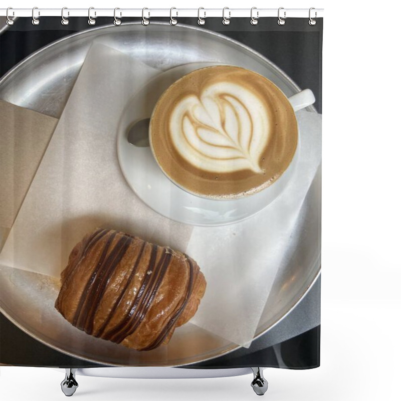 Personality  Latte With Leaf Art And Chocolate Croissant On Metal Tray. High Quality Photo Shower Curtains