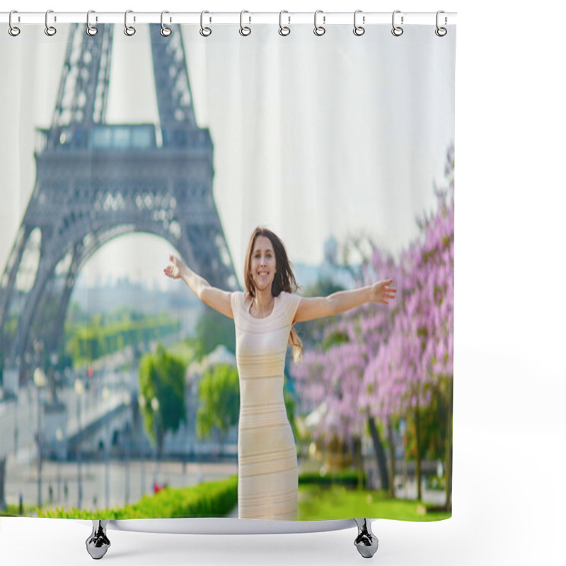 Personality  Beautiful Young Woman Near The Eiffel Tower Shower Curtains