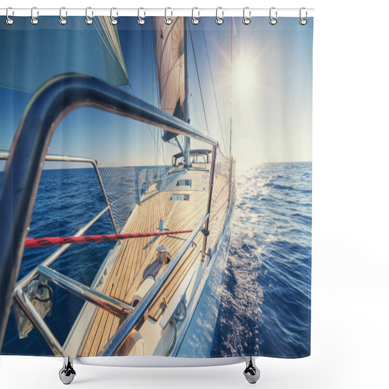 Personality  Retro Styled Photo Of Wooden Yacht At Open Sea. Long Trip At Beauty Yacht At Sunset. Shower Curtains