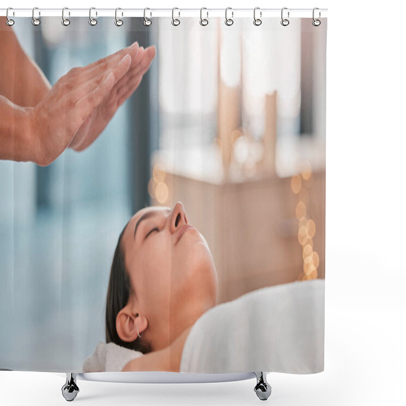 Personality  Hands, Relax Woman Or Reiki Spa For Headache Pain Relief, Depression Healing Or Stress Management In Healthcare Wellness Or Holistic Clinic. Man, Energy Healer Or Mind Chakra Aura Cleanse On Patient. Shower Curtains