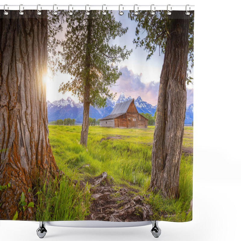 Personality  The Abandoned Barn In The Mormon Row, Wyoming With Grand Tetons View. It Is On The National Registrer Of Historic Places. Shower Curtains