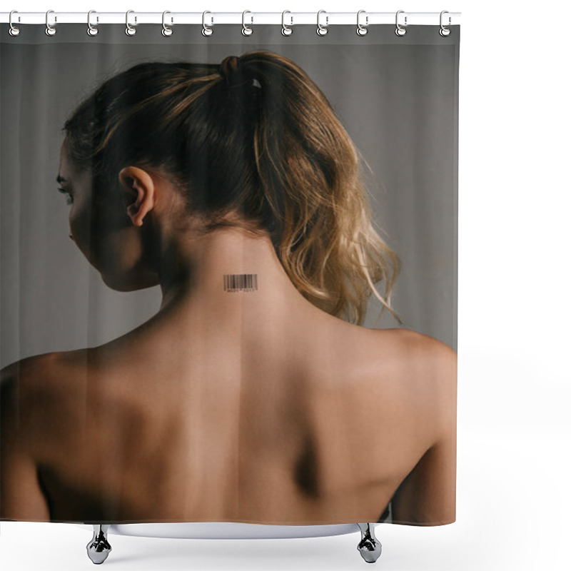 Personality  Back View Of Blonde Woman With Barcode On Neck On Grey Background Shower Curtains