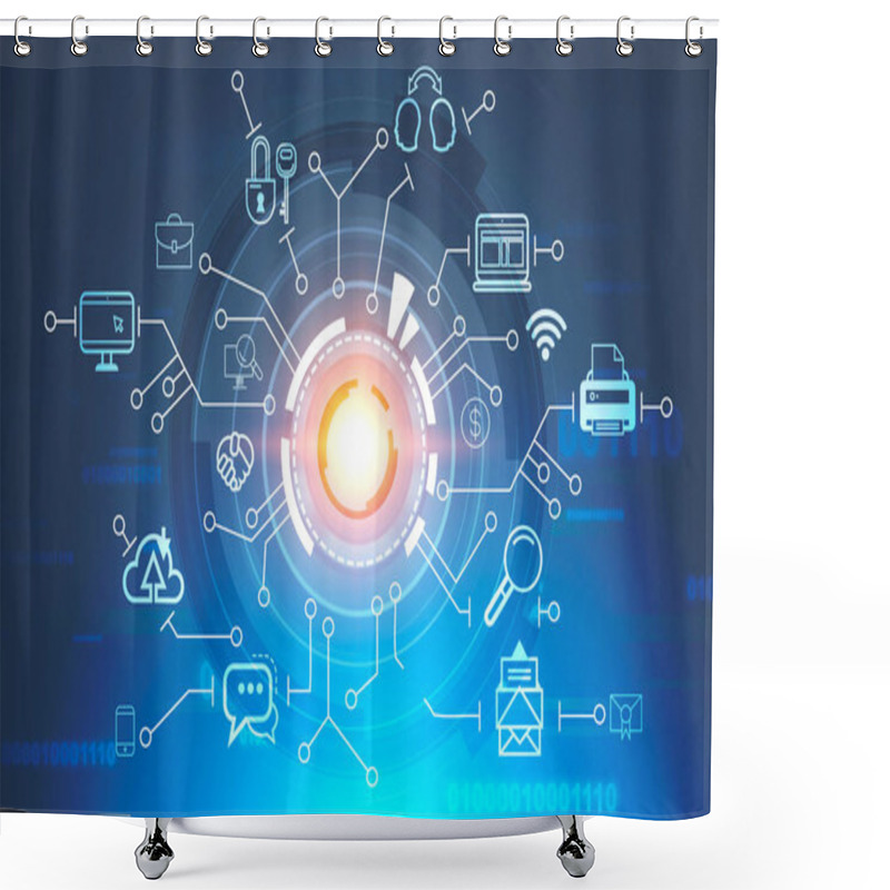 Personality  Business Communication Icons Around Hud Against Dark Blue Background With Lines Of Code. Hi Tech Concept. 3d Rendering Toned Image Double Exposure Shower Curtains