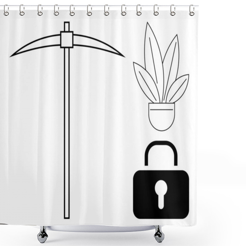 Personality  Pickaxe Standing Vertically Beside A Potted Plant And Lock. Ideal For Themes Of Growth, Security, Resource Extraction, Nature, Protection, Investment, And Balance. Black And White Abstract Line Flat Shower Curtains