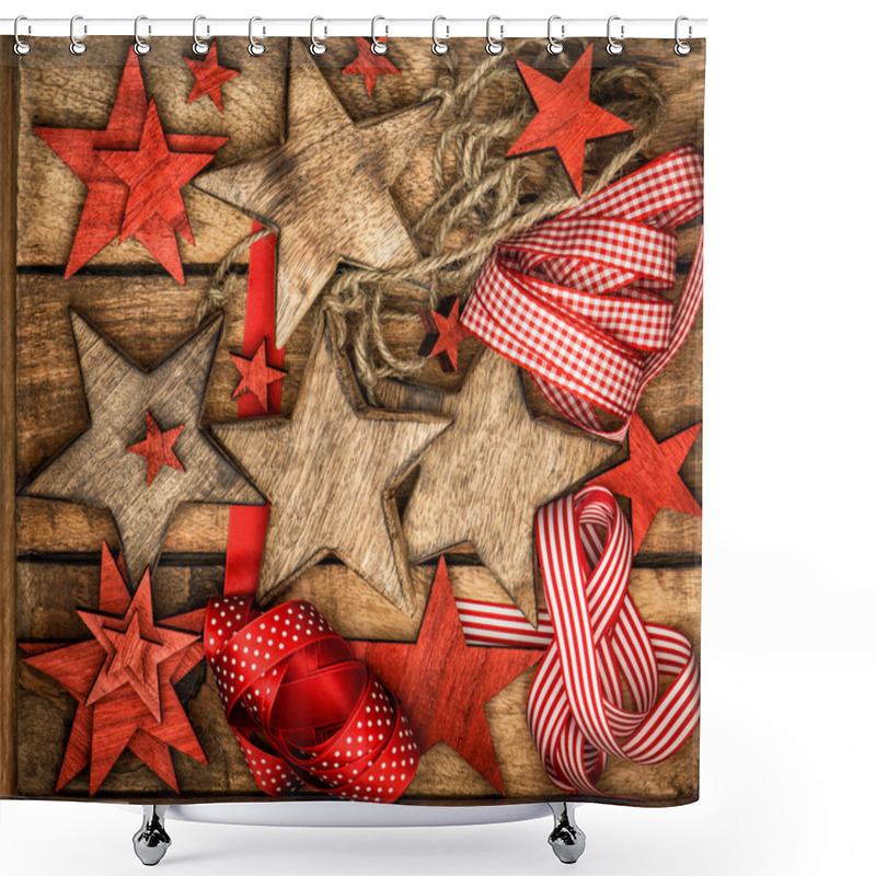 Personality  Christmas Decorations Wooden Stars And Red Ribbons Shower Curtains