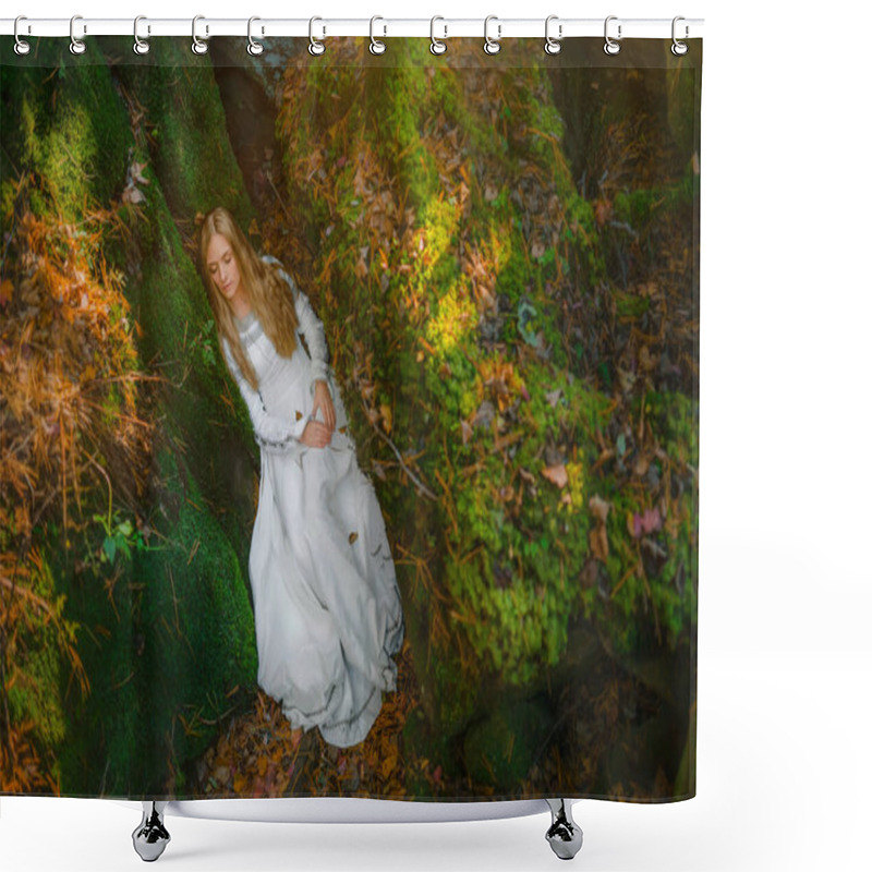 Personality  Beautiful Young Woman In A White Dress In The Middle Of A Forest Shower Curtains