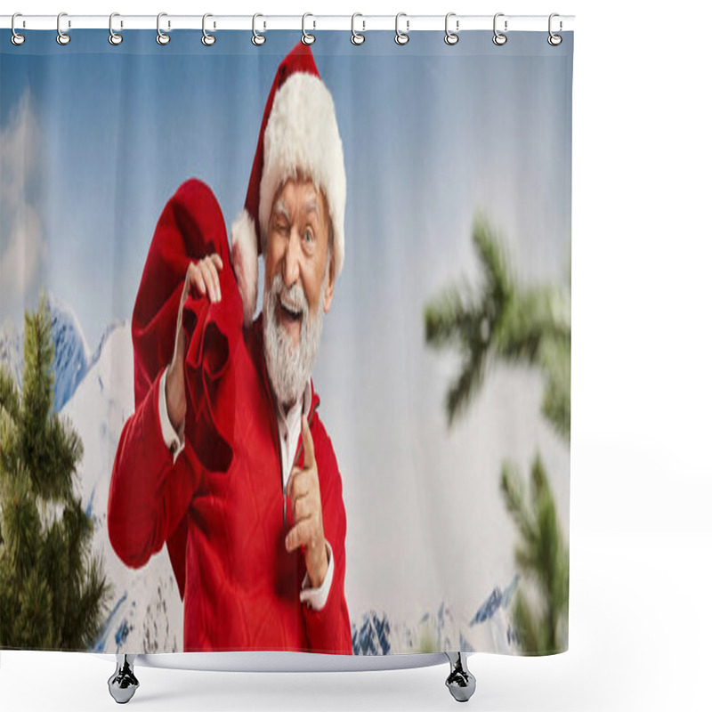 Personality  Playful Man In Santa Costume Winking And Pointing Finger At Camera, Merry Christmas, Banner Shower Curtains