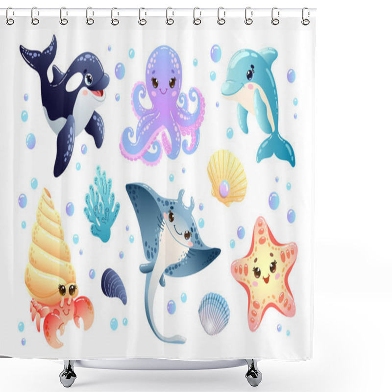 Personality  Vector Colourful Set Of Cute Sea Animals Such As Killer Whale, Octopus, Dolphin, Hermit Crayfish, Stingray, Starfish, And Also Shells And Corals In Cartoon Style  Shower Curtains