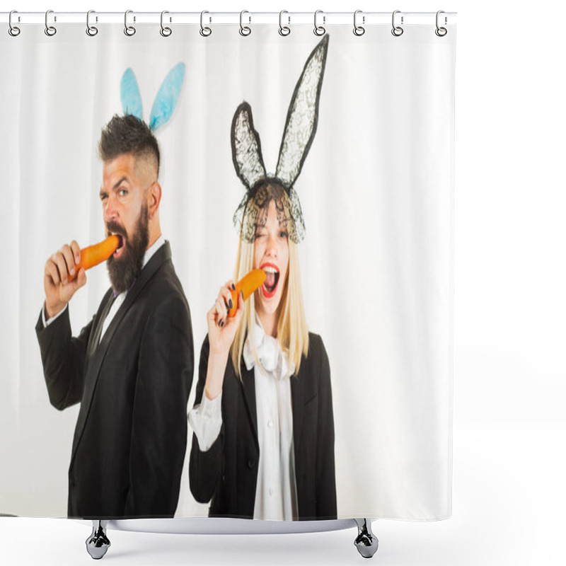 Personality  Funny Easter. Bunny Couple Celebration On Easter Day. Funny Serious Easter Bunny. Couple On Easter Nibbles A Carrot Like A Hare. Isolated. Shower Curtains