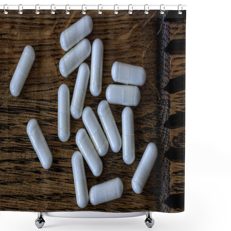 Personality  Close-up Of Acetyl L-carnitine Pills. Dietary Concept. Dietary Supplement Topview. Shower Curtains