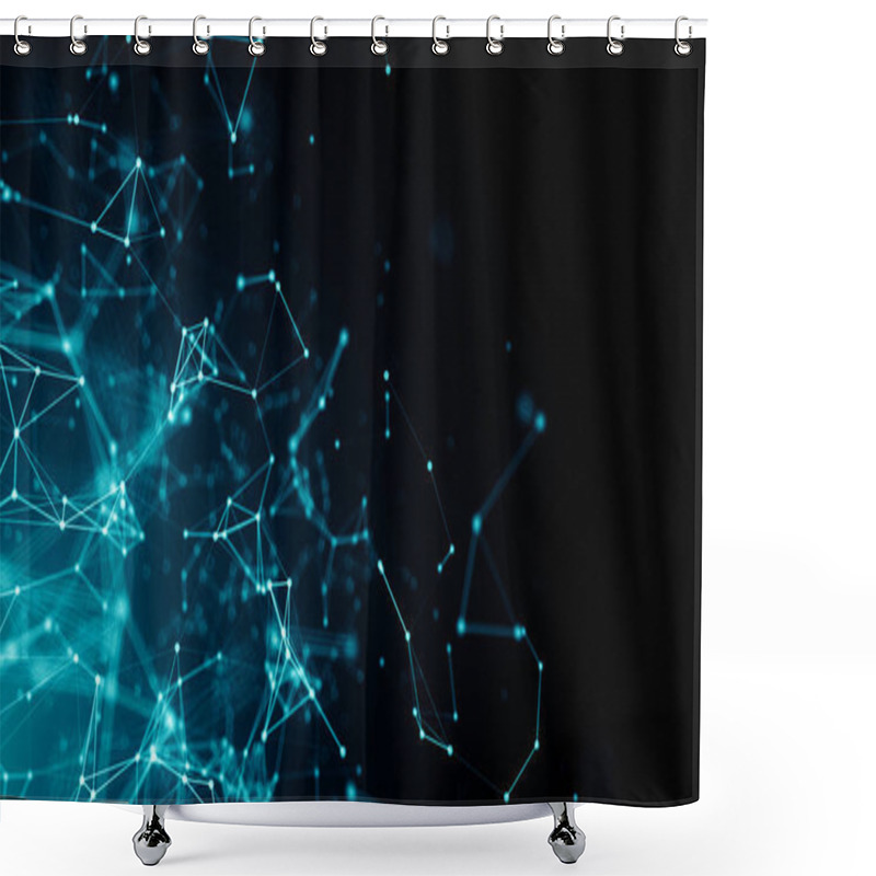 Personality  Abstract Connected Dots On Bright Blue Background. Technology Backdrop With Depth Of Field. 3D Rendering Shower Curtains