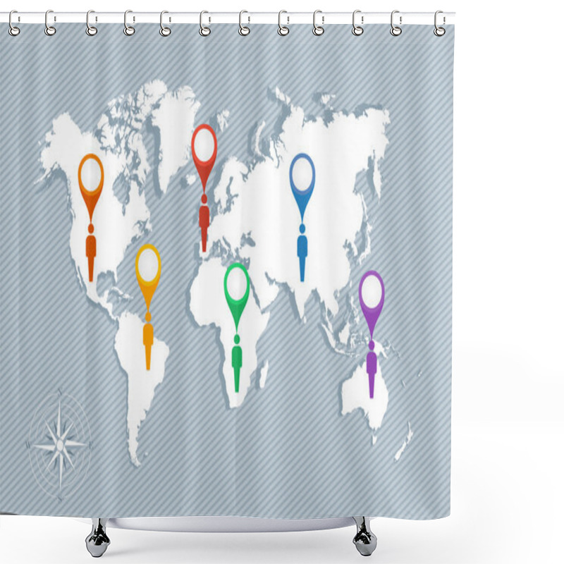 Personality  World Map, Geo Pointers And Men Figures EPS10 Vector File. Shower Curtains