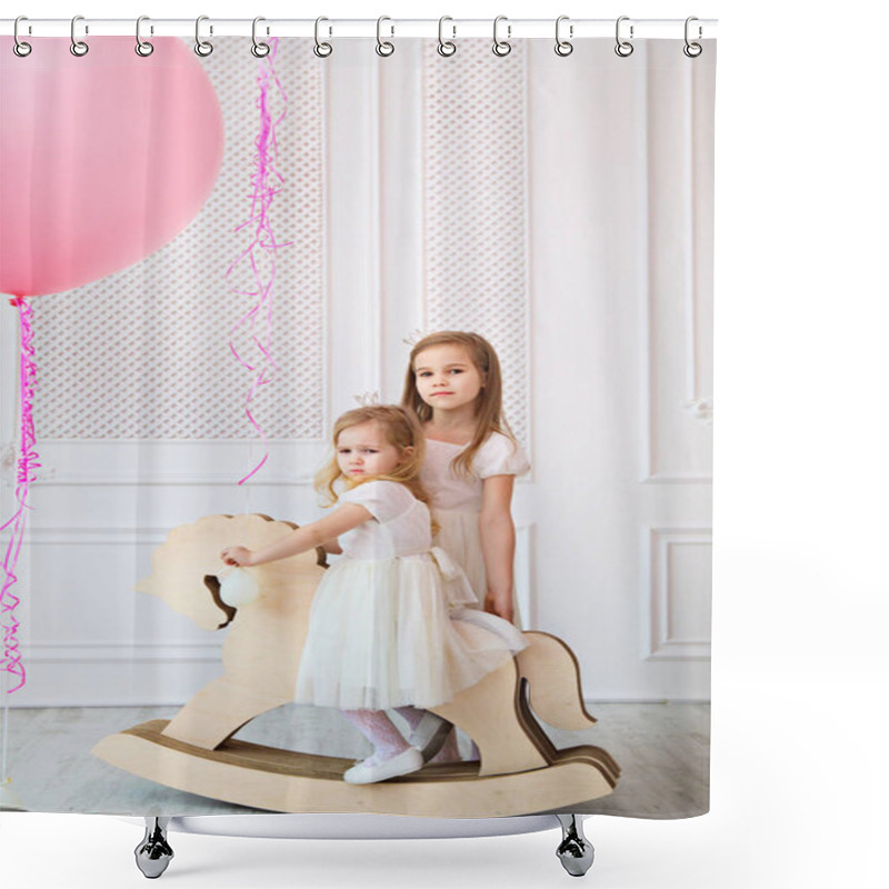 Personality  Kids Girls In White Dress On Rocking Horse  Shower Curtains