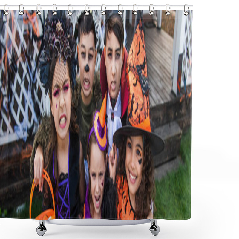 Personality  Interracial Preteen Friends In Halloween Costumes Grimacing At Camera Outdoors, Banner  Shower Curtains