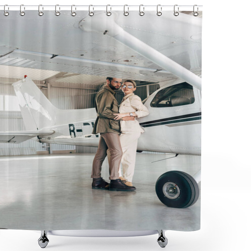 Personality  Young Fashionable Couple In Jacket Embracing Near Plane In Hangar  Shower Curtains