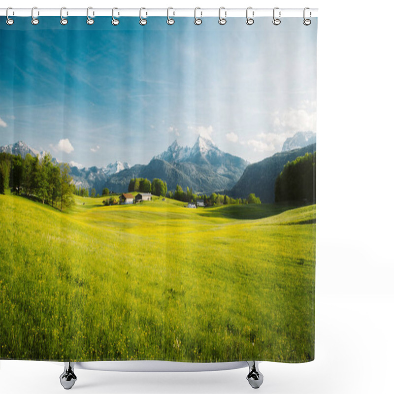 Personality  Idyllic Landscape In The Alps With Blooming Meadows In Springtime Shower Curtains