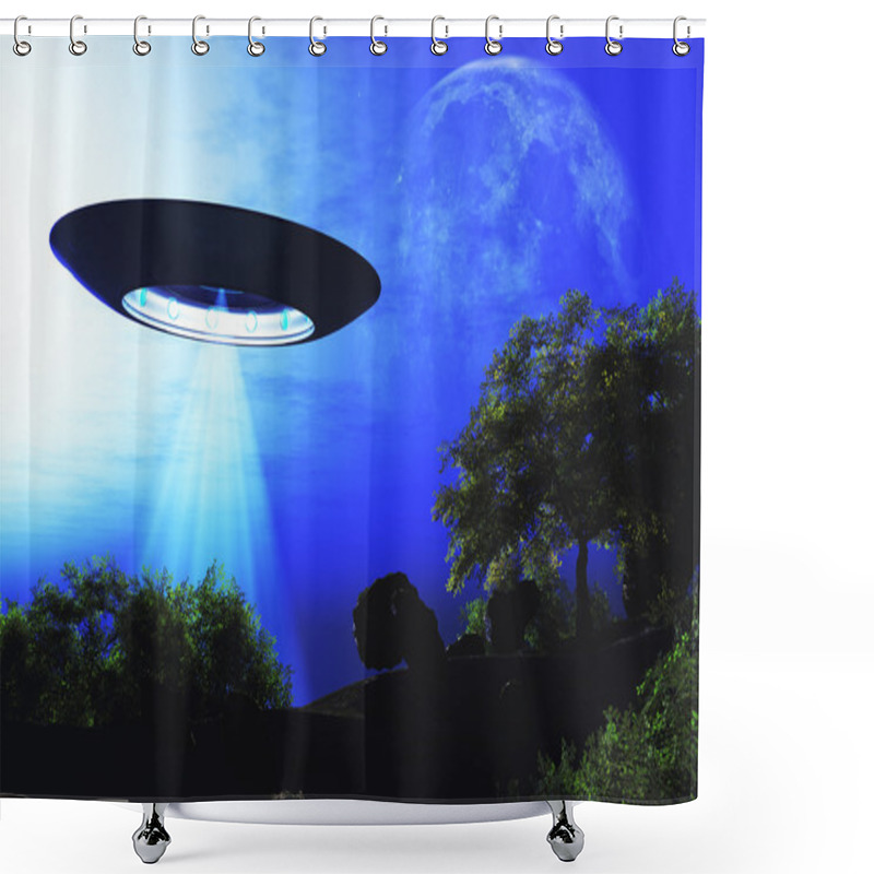 Personality  Ufo Flying On Earth At Night Over Field Shower Curtains