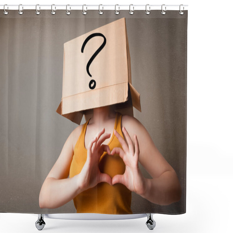 Personality  Young Lady Gesturing With A Cardboard Box On Her Head With Quest Shower Curtains