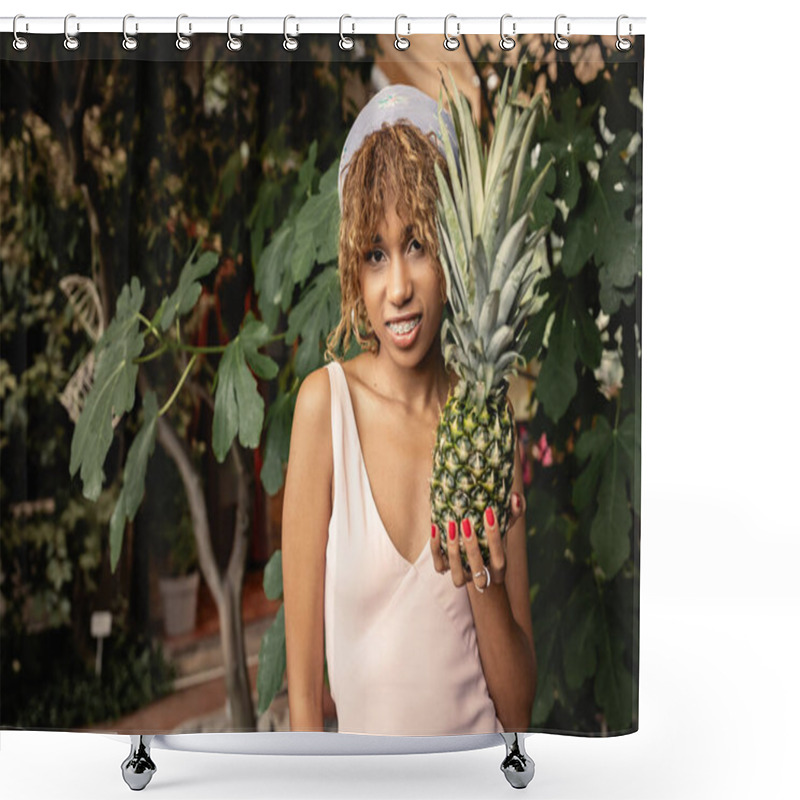 Personality  Cheerful Young African American Woman With Braces In Summer Outfit Holding Juicy Pineapple And Looking At Camera In Blurred Orangery, Woman In Summer Outfit Posing Near Lush Tropical Plants Shower Curtains