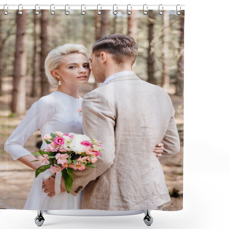 Personality  Just Married Couple In Formal Wear Embracing In Forest Shower Curtains