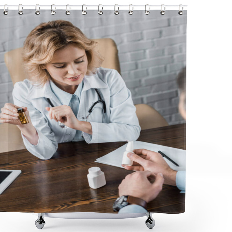 Personality  High Angle View Of Attractive Female Doctor Showing Jar Of Pills To Patient At Office Shower Curtains