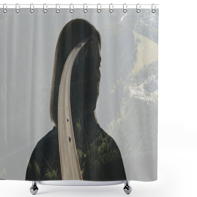 Personality  Double Exposure Of Pensive Young Woman And Road  Shower Curtains