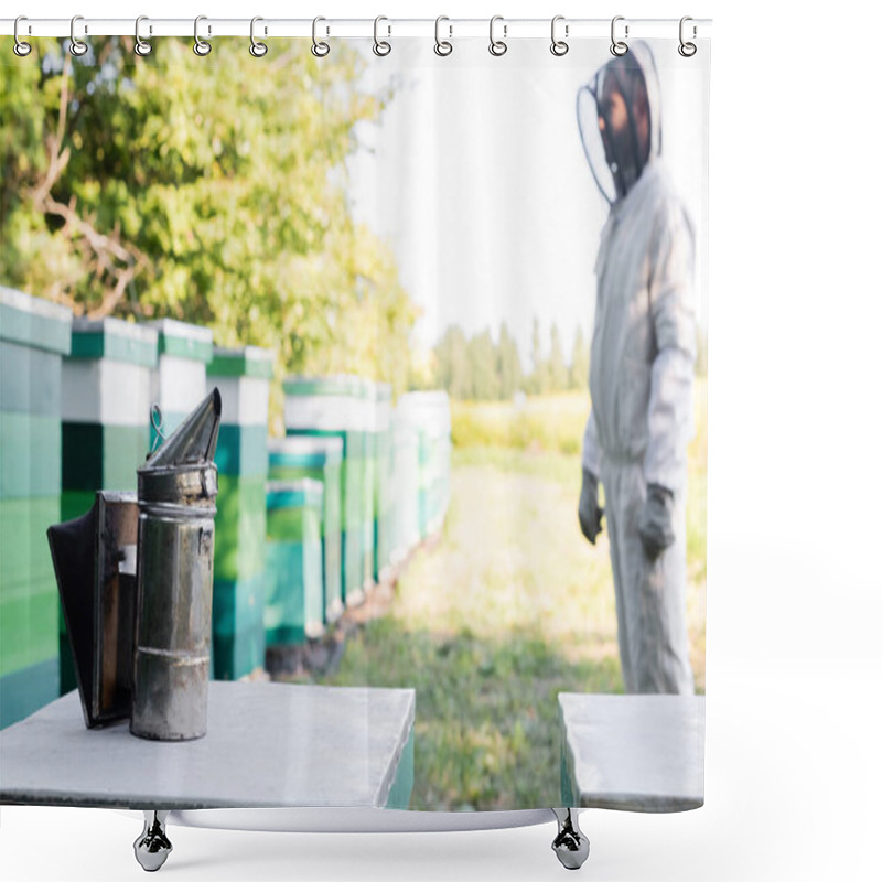 Personality  Bee Smoker On Beehive Near Beekeeper In Safety Suit On Apiary Shower Curtains