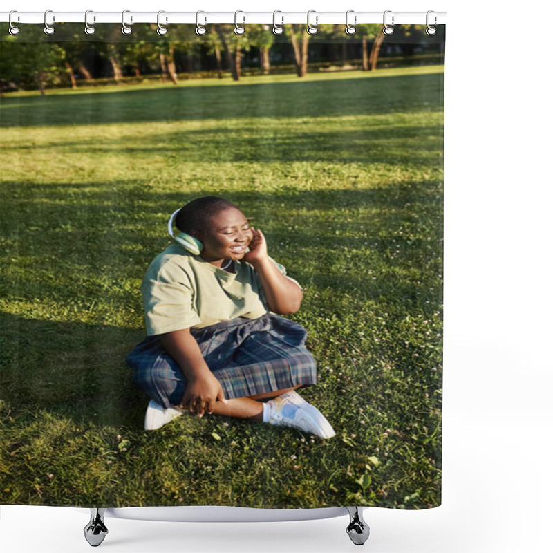 Personality  Woman Relaxes In The Grass, Immersed In Music Playing Through Headphones Shower Curtains