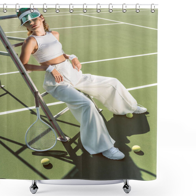 Personality  Young Woman In Stylish White Clothing And Cap Posing On Referee Chair On Tennis Court Shower Curtains