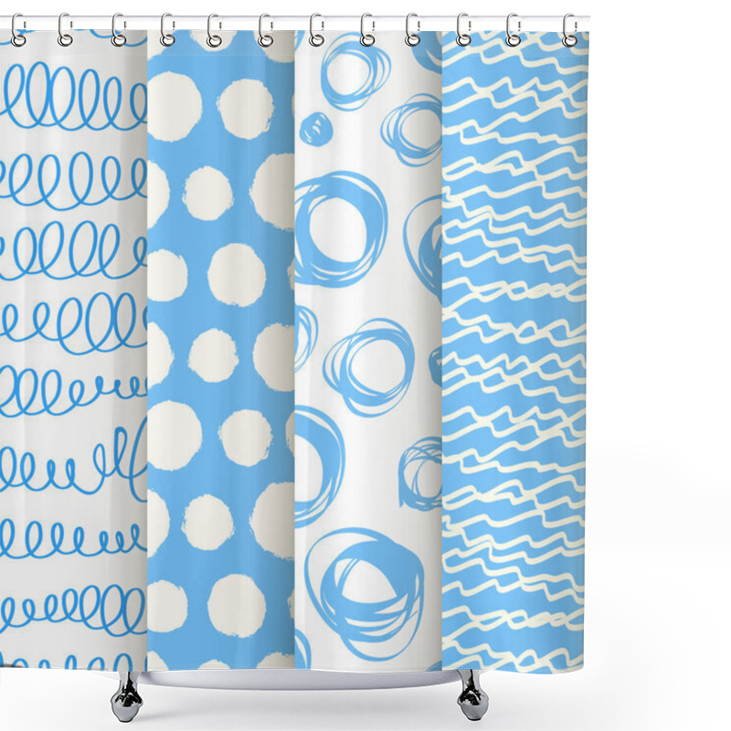 Personality  Set Of 4 Blue And White Doodle Seamless Patterns Shower Curtains