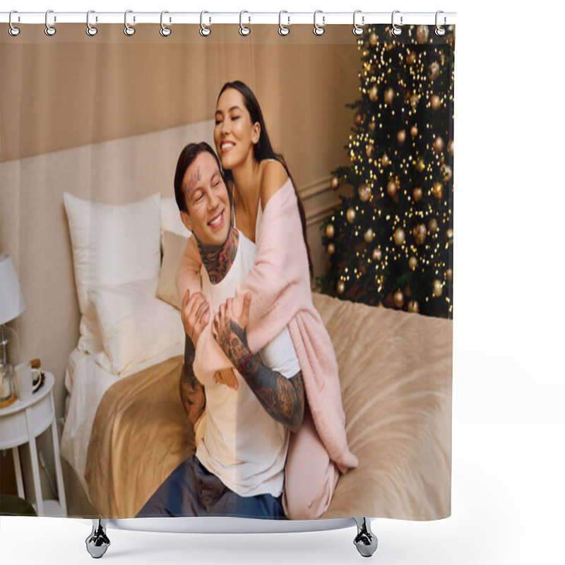 Personality  Young Couple Embraces Lovingly, Enjoying Cozy Moments By Their Decorated Christmas Tree. Shower Curtains