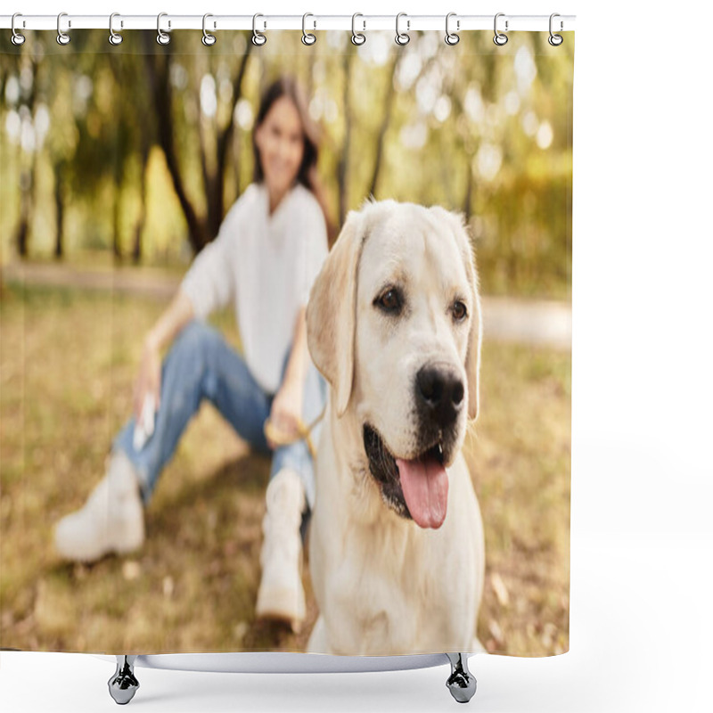 Personality  In A Vibrant Park, A Young Woman Dressed For Autumn Plays With Her Joyful Dog Amidst Fallen Leaves. Shower Curtains