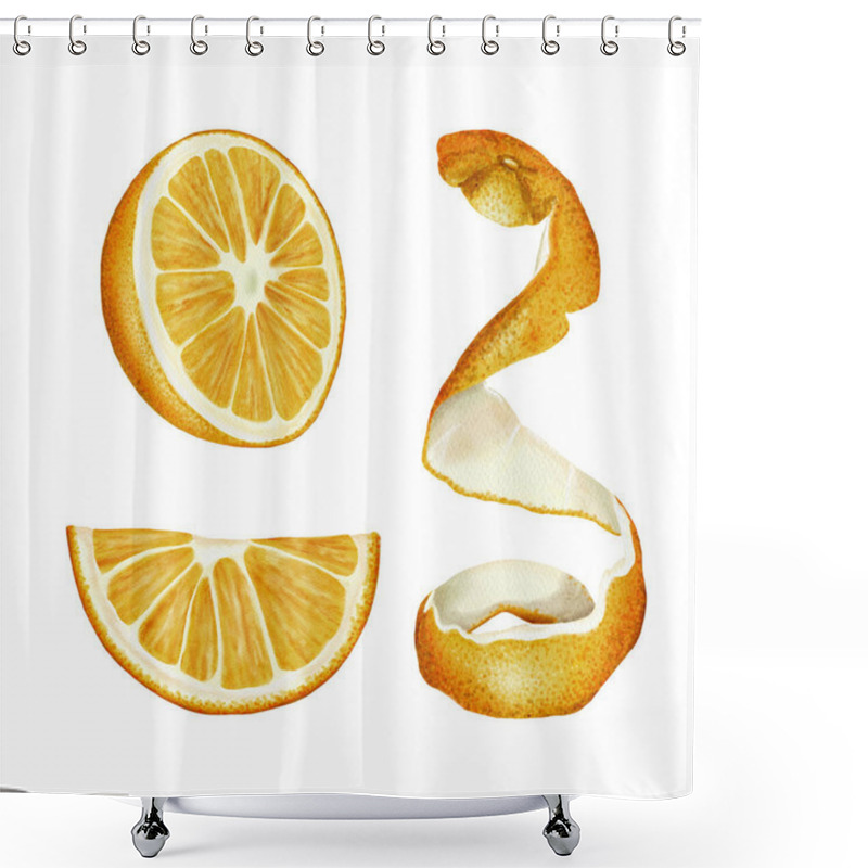 Personality  Set Of Oranges. Half An Orange, A Quarter And An Orange Peel. Juicy Fruits. Orange, Yellow And White Colors. Watercolor Illustration. No Background.  Shower Curtains