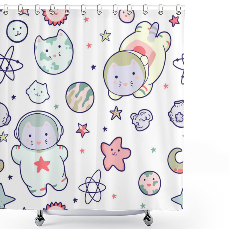 Personality  Kawaii Cat Astronaut In Space Seamless Pattern. Cartoon Charters. Editable Illustration. Shower Curtains