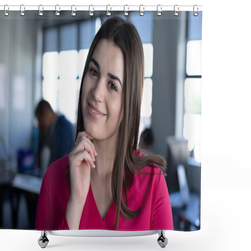 Personality  Portrait Close Up Of A Caucasian Female Business Creative With Shoulder Length Dark Hair Working In A Casual Modern Office, Standing With Her Hand Under Her Chin And Smiling To Camera Shower Curtains