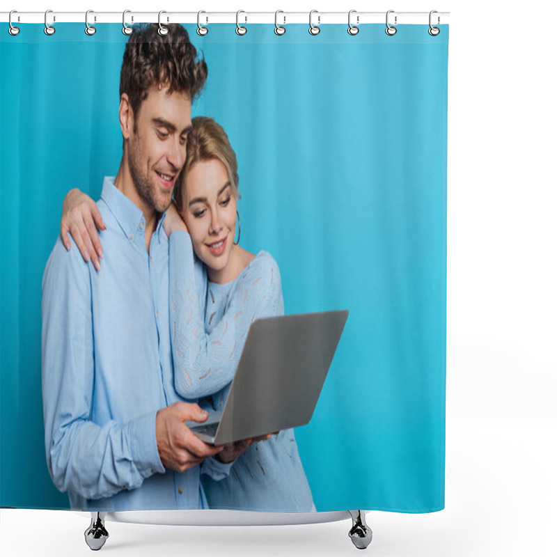 Personality  Happy Girl Hugging Smiling Boyfriend While Looking At Laptop Together On Blue Background Shower Curtains