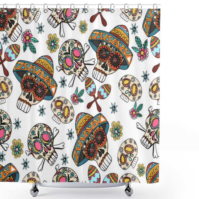 Personality   Seamless Pattern With Skull, Flowers And Ethnic Elemens.  Mexic Shower Curtains