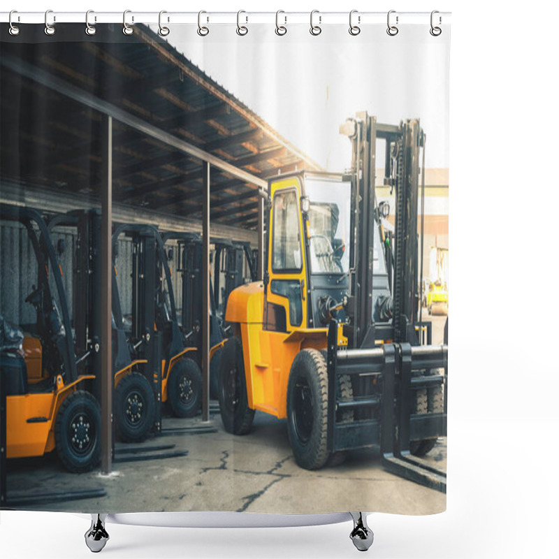 Personality  Background Of A Lot Of Forklifts, Reliable Heavy Loader, Truck. Heavy Duty Equipment, Forklift Shower Curtains