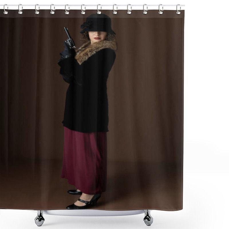 Personality  A 1920s Woman Wearing A Velvet Coat With A Fur Collar And Holding A Gun Shower Curtains