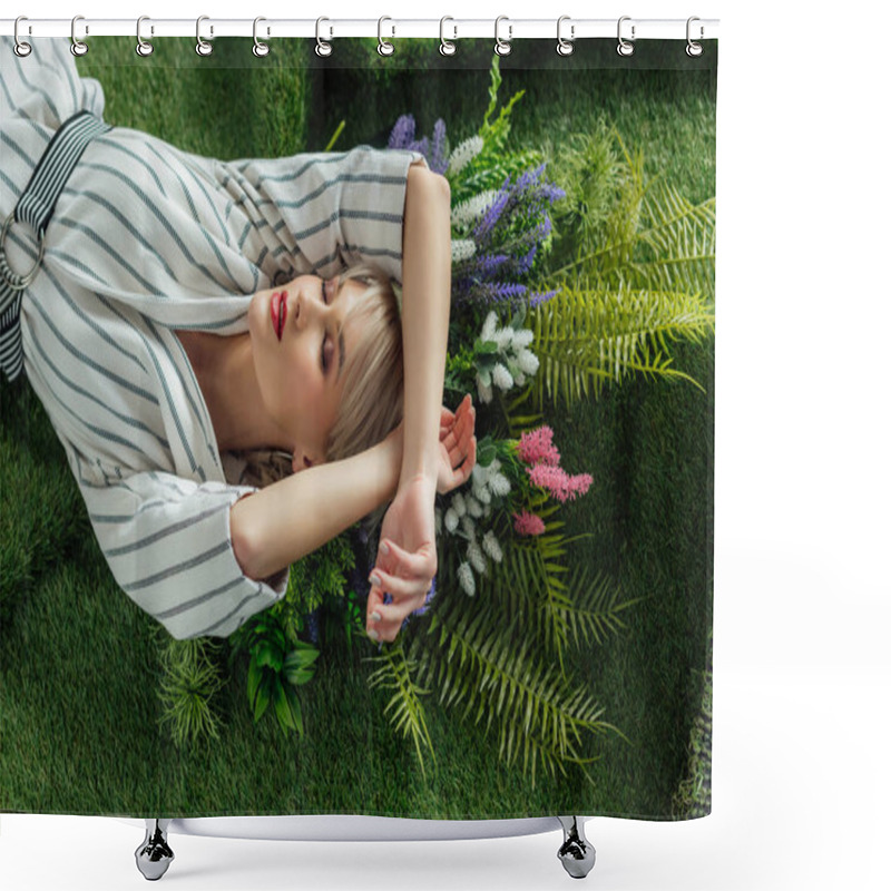 Personality  Attractive Stylish Girl With Eyes Closed Lying On Artificial Grass With Fern And Flowers Shower Curtains