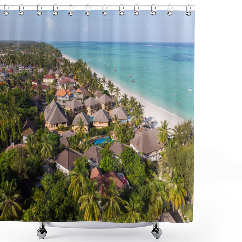 Personality  Aerial Shot Of A Luxury Hotel On A Beach First Line With Palm Trees Garden At Evening Time In Paje Village, Zanzibar, Tanzania Shower Curtains