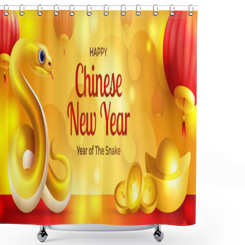 Personality  Golden Happy Chinese New Year 2025 Banner, With  Golden Snake,  Lantern, Ingots And Coin Illustration Shower Curtains