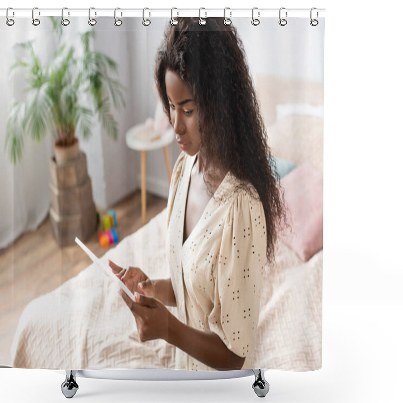 Personality  High Angle View Of Focused African American Woman Using Digital Tablet At Home Shower Curtains