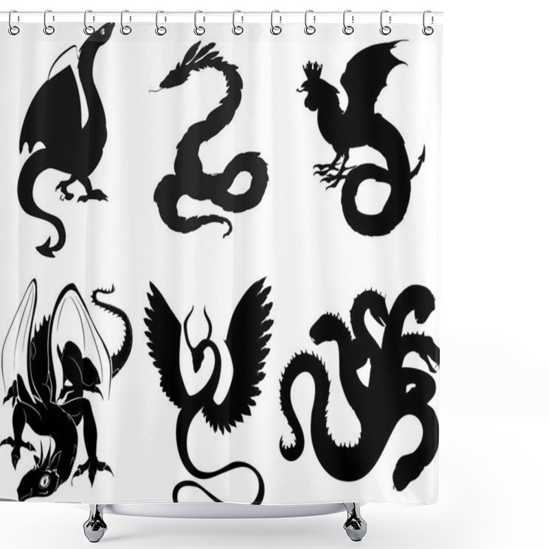 Personality   Set Of Black Silhouettes Of Mythological Dragons: Basilisk, Dragon, Hydra, Wyvern, Quetzalcoatl, Zmiulan Shower Curtains